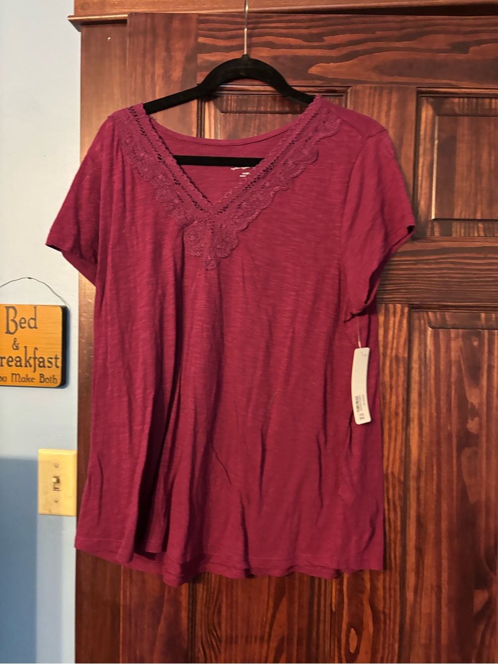 Soft Surroundings Plum Lace-Trim V-Neck Short Sleeve Tee